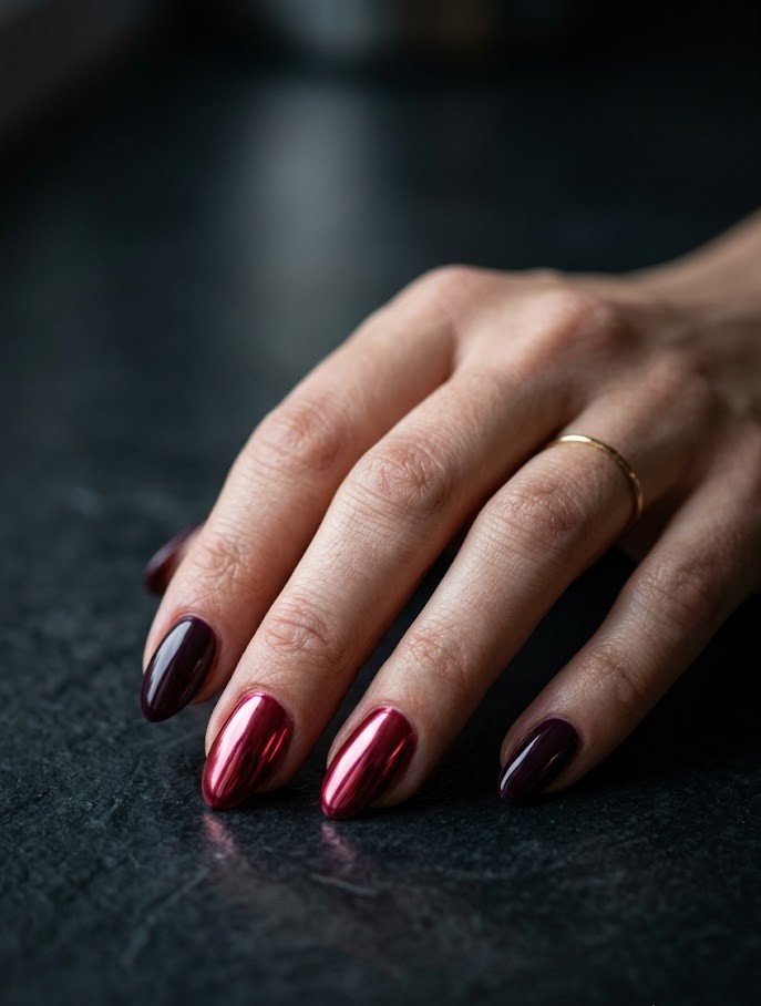 Short nails in cranberry chrome with plum anchor nails for fall