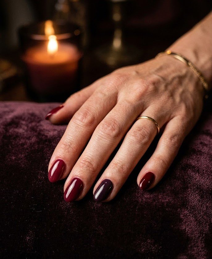 Short nails in cranberry and plum tonal fall skittle