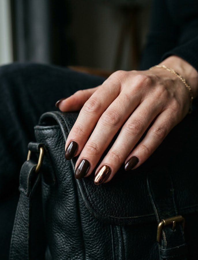 Short espresso nails with a brown chrome accent nail for fall