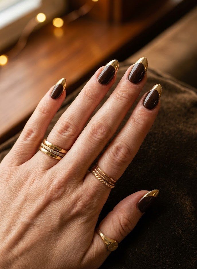 Short espresso nails with gold chrome tips for a jewelry look