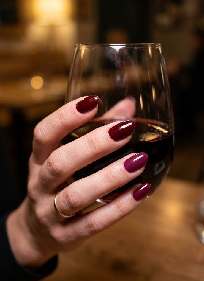 Short nails in merlot and oxblood two-tone wine red manicure