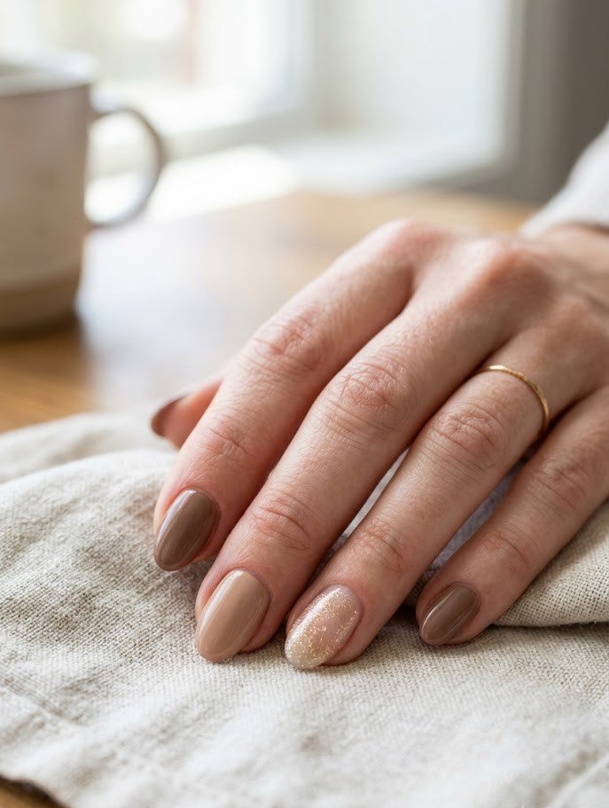 Short nails in soft mocha and latte skittle with a gold shimmer accent