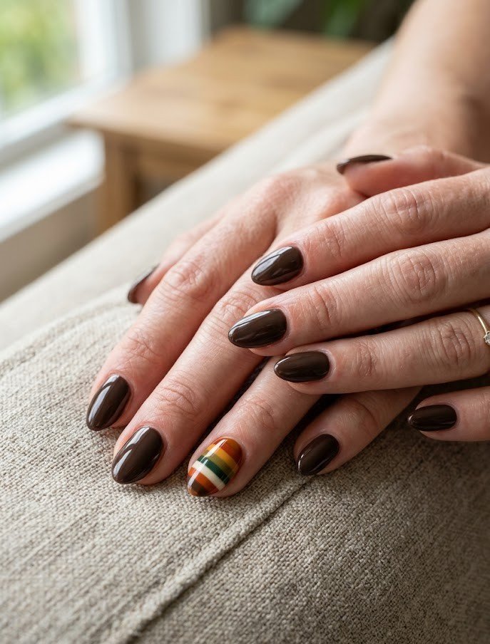Short espresso nails with one multi-stripe skittle accent nail