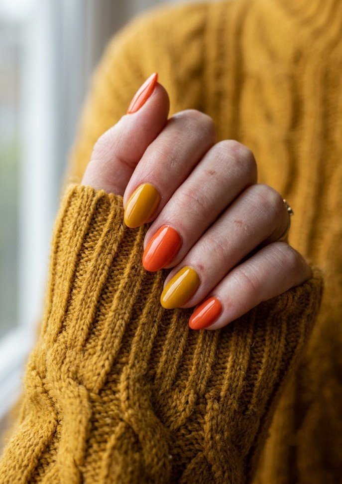 Short nails with persimmon and mustard high-contrast fall skittle