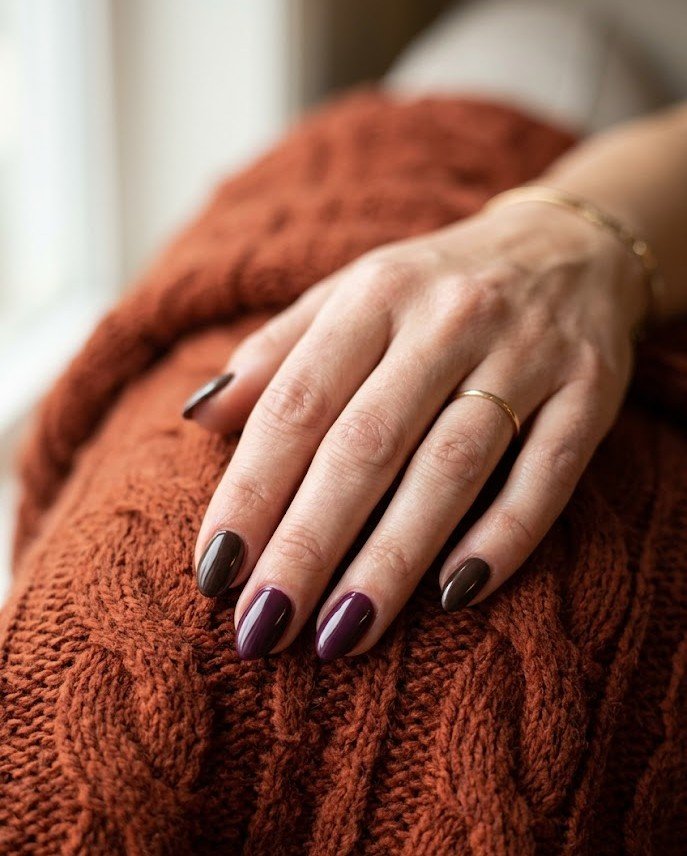 Short nails in plum and espresso two-tone moody fall skittle