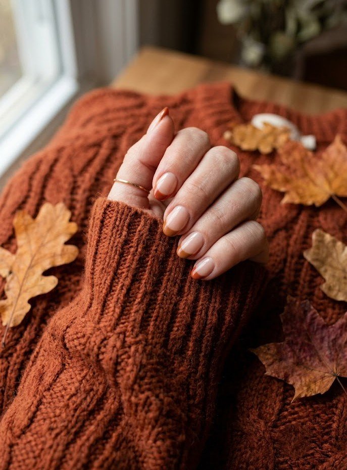 Short almond nails with rust and caramel two-tone French skittle tips for fall