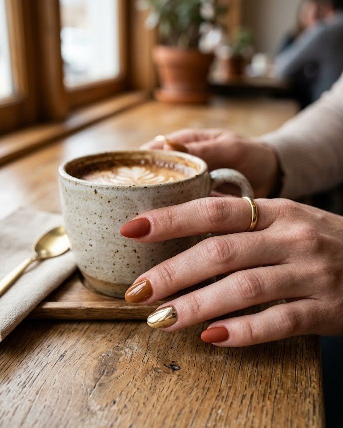 Short rust and caramel skittle nails with one gold chrome accent nail