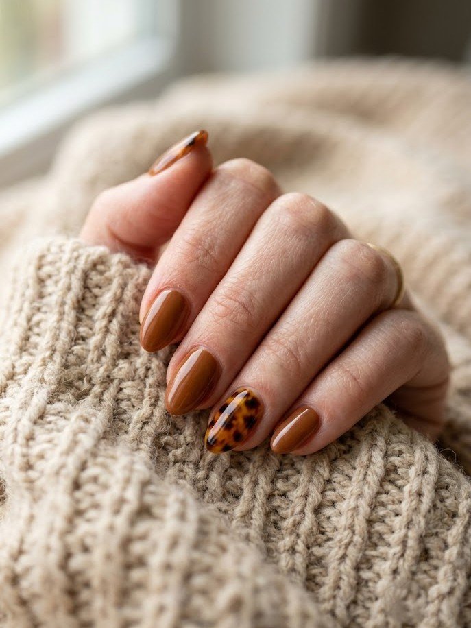 Short caramel nails with a single tortoiseshell accent nail