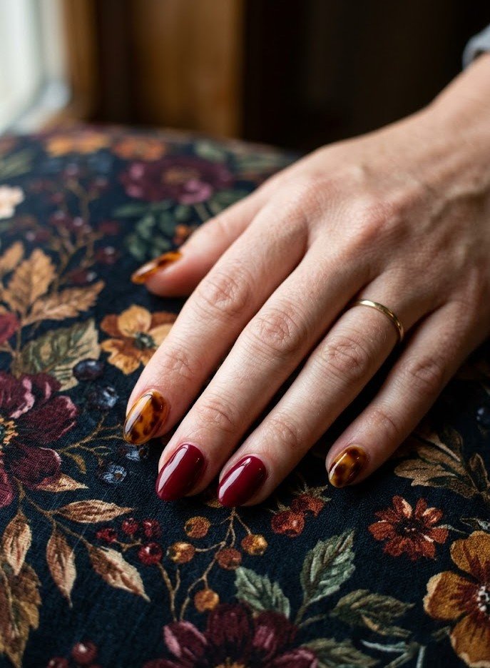 Short nails mixing tortoiseshell and cranberry for fall