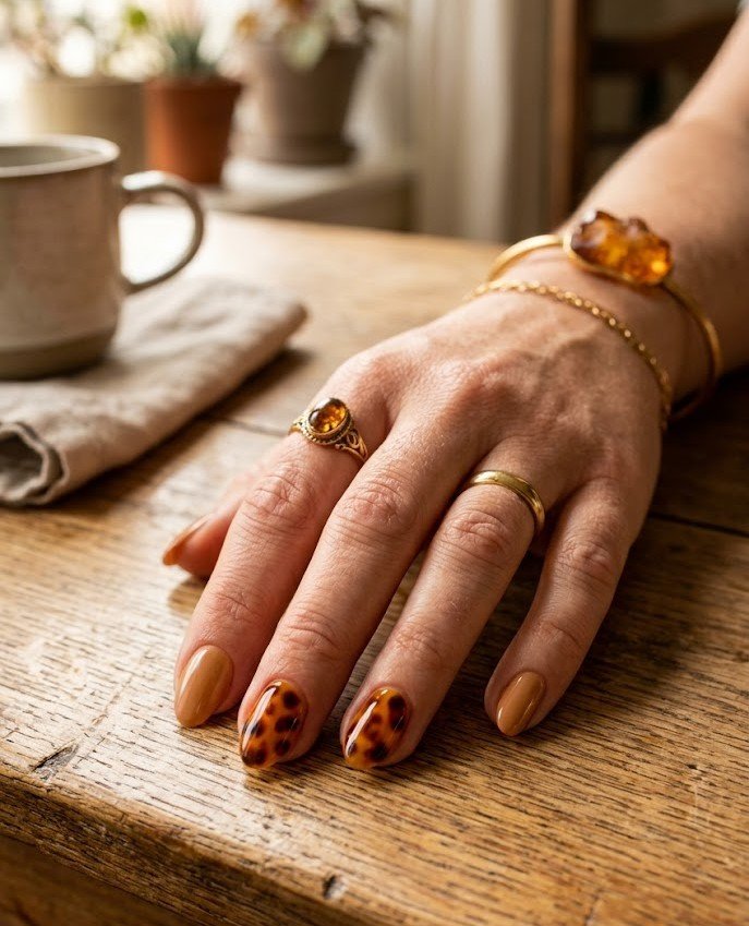Short tortoiseshell nails with amber jelly base and caramel accents