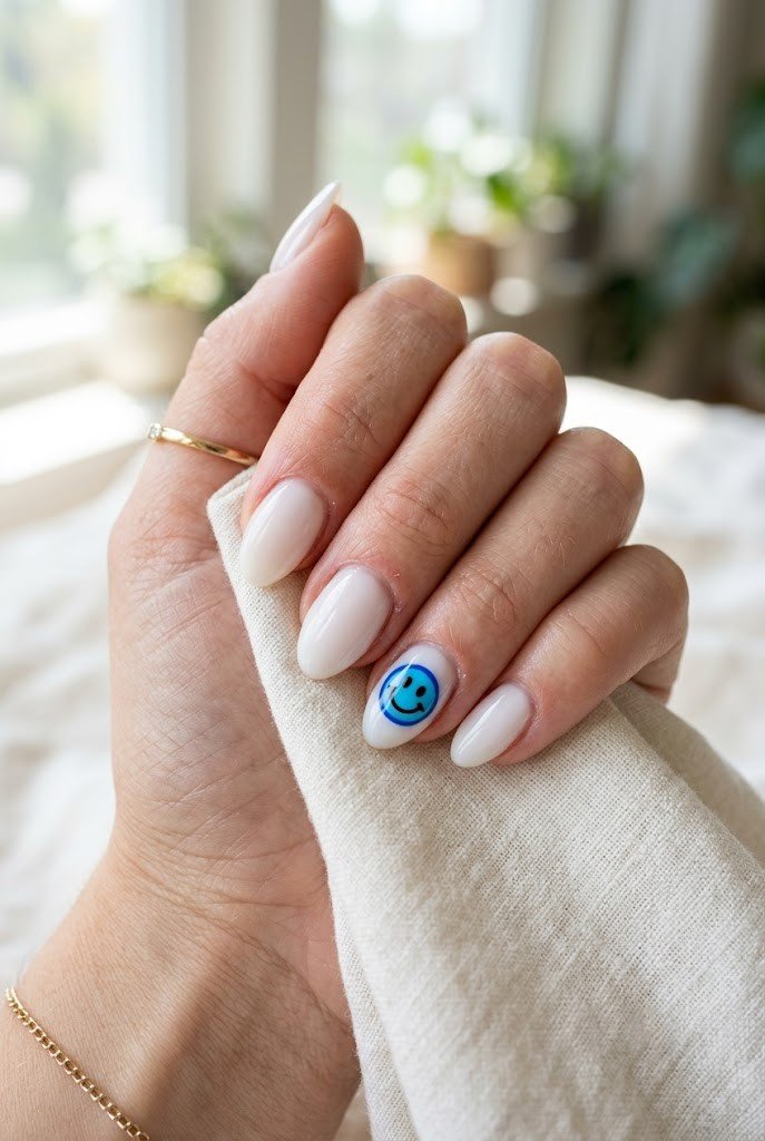 Mini smiley face accent on short almond milky nails
