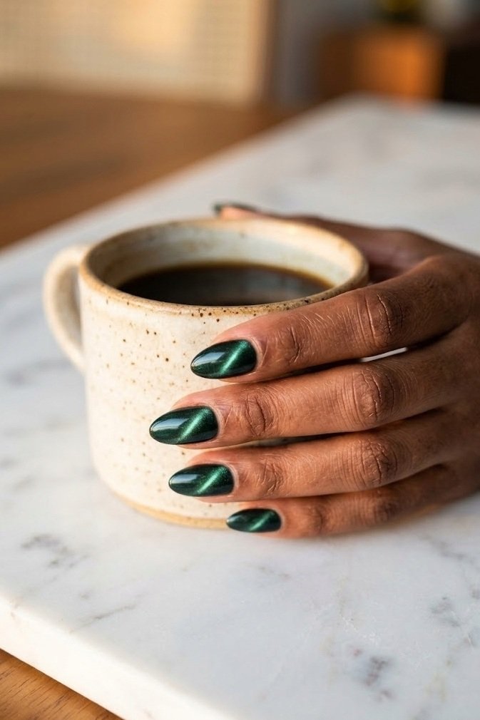 Deep emerald magnetic short almond nails with a single bright cat eye beam down the center.