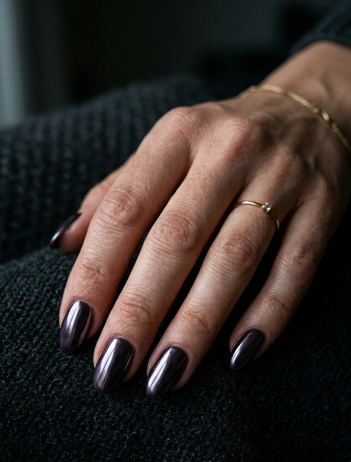 Smoky plum aura nails with a soft glowing center on short almond nails