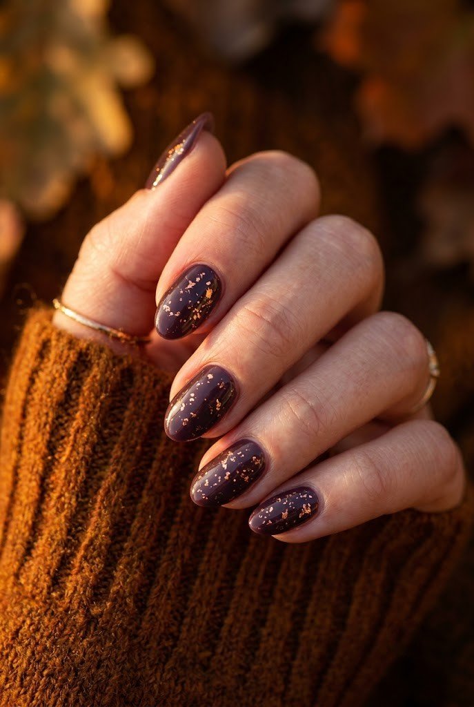 Smoky plum nails with bronze foil flecks on short almond shape