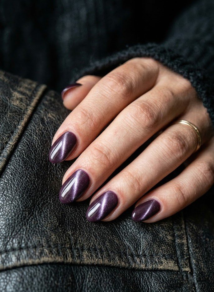 Smoky plum cat-eye nails with a single light streak on short almond nails