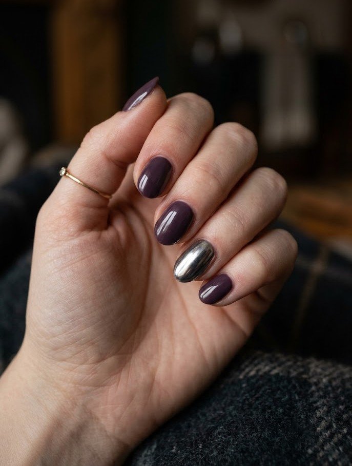 Smoky plum nails with one chrome accent nail on short almond shape