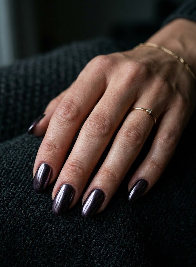 Gunmetal smoky plum chrome nails on short almond shape