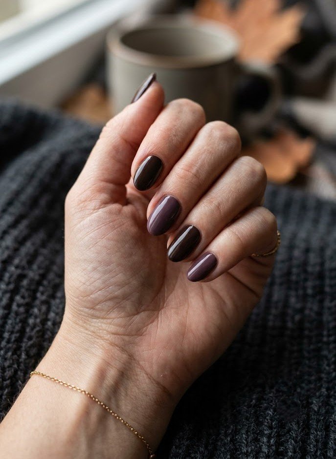 Two-tone smoky plum and espresso brown nails on short almond shape