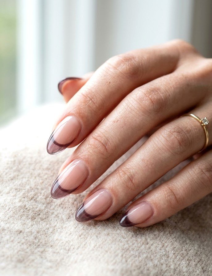 Glass French smoky plum tips on short almond nails
