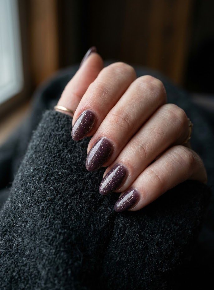 Smoky plum nails with a sheer glitter wash on short almond shape