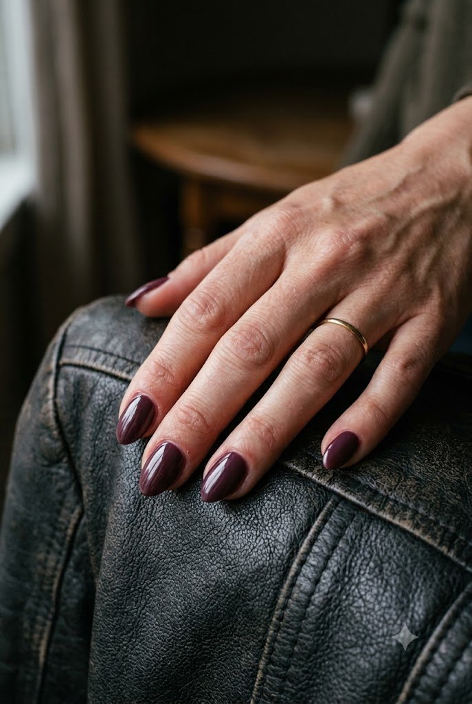 Short almond nails in glossy smoky plum resting on dark leather