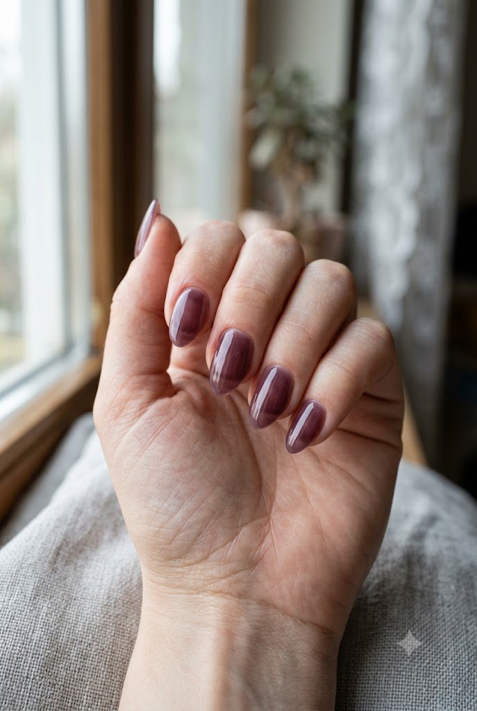 Translucent smoky plum jelly nails on short almond shape