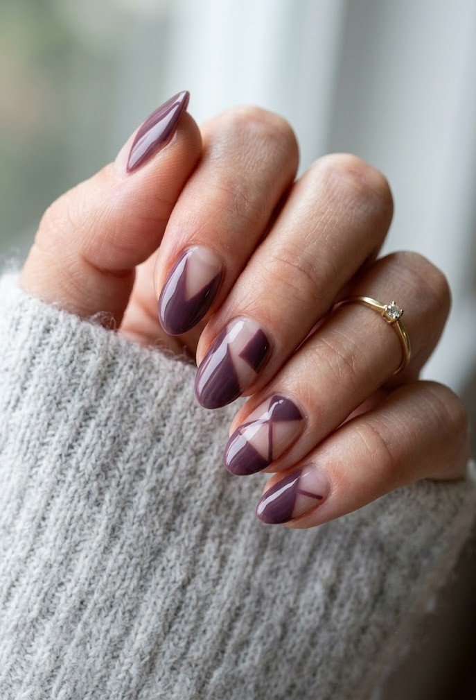 Smoky plum negative space nails on short almond shape