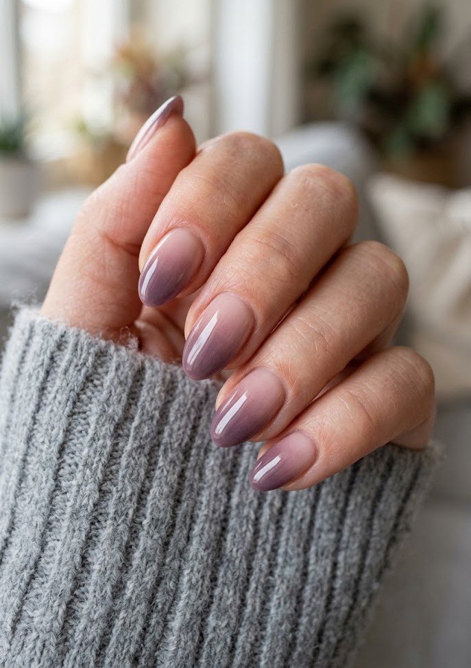 Smoky plum ombre nails fading to nude on short almond shape