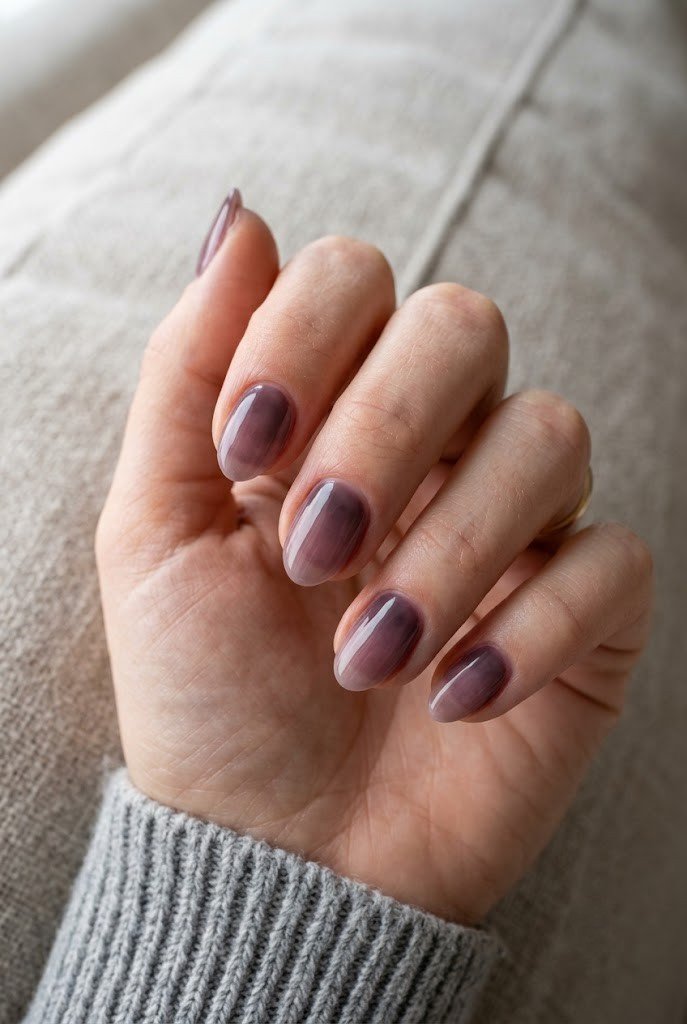 Soft hidden French manicure in smoky plum on short almond nails