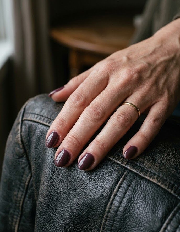 Smoky plum nails with one metallic star accent on short almond shape