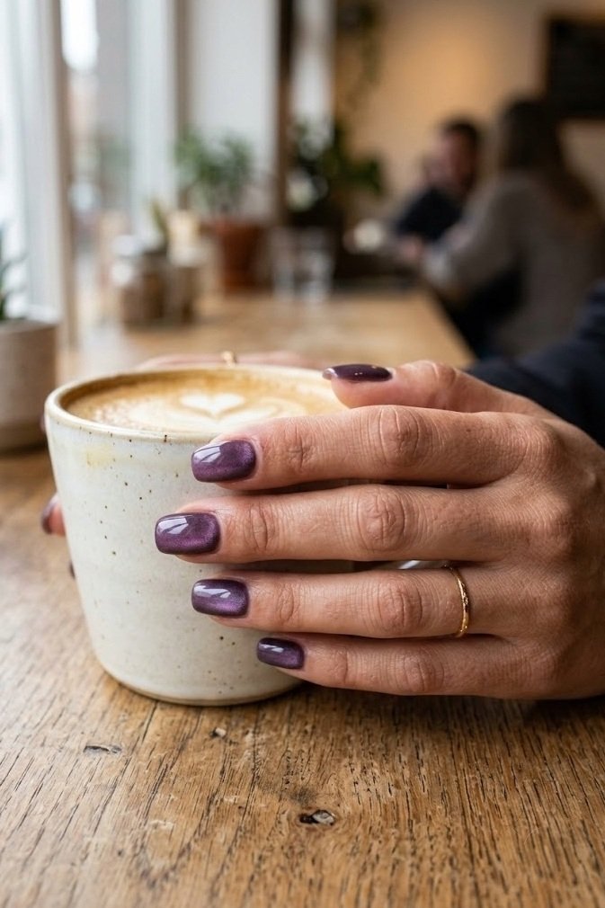 Smoky plum velvet nails on short squoval nails with a soft violet glow