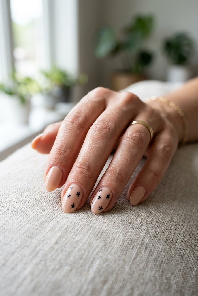 Tiny black star accent nails on short almond nude base