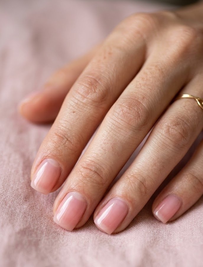 Milky strawberry-pink jelly nails on short square nails