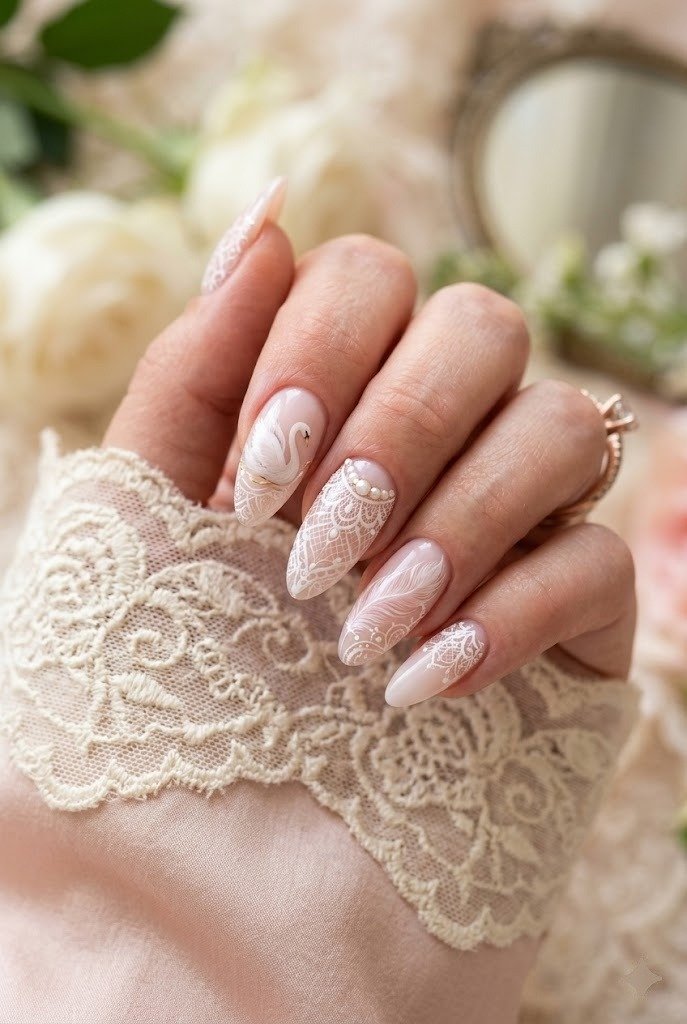 Swan and lace fairytale nails on a pale pink milky base
