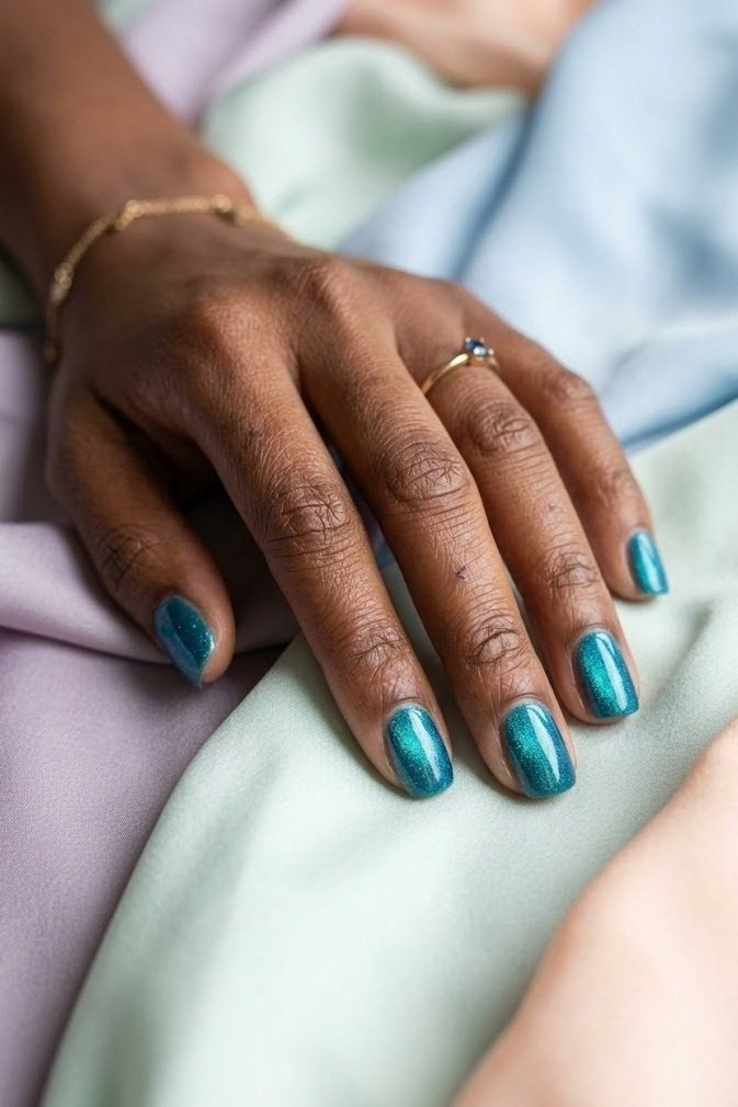 Teal aqua velvet nails on short squoval nails shifting from blue-green to teal