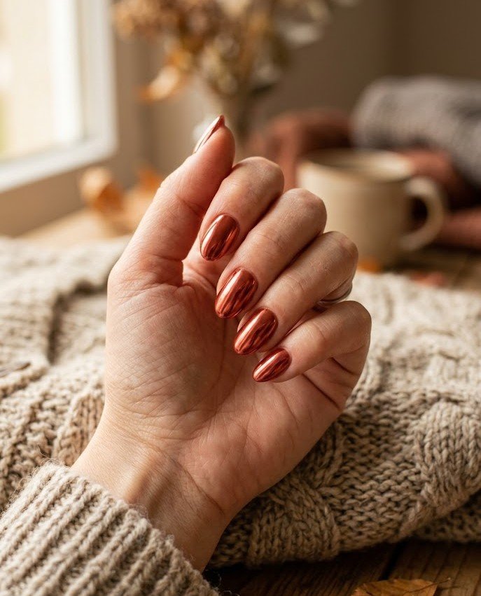 Short almond nails in warm terracotta cranberry chrome