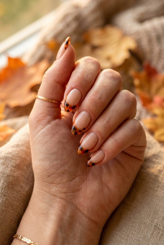 Warm-tone tortoiseshell French tips with burnt orange for fall