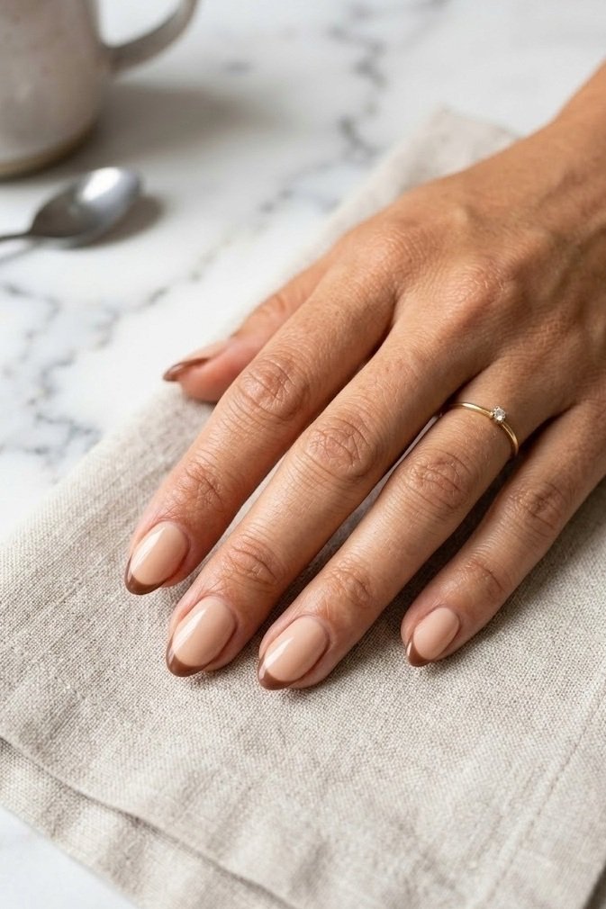 Tonal milk chocolate French tip over warm nude base on short almond nails