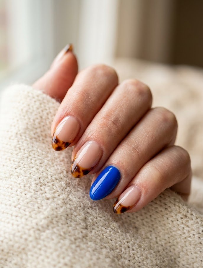 Tortoiseshell French tips with bright blue accent nail