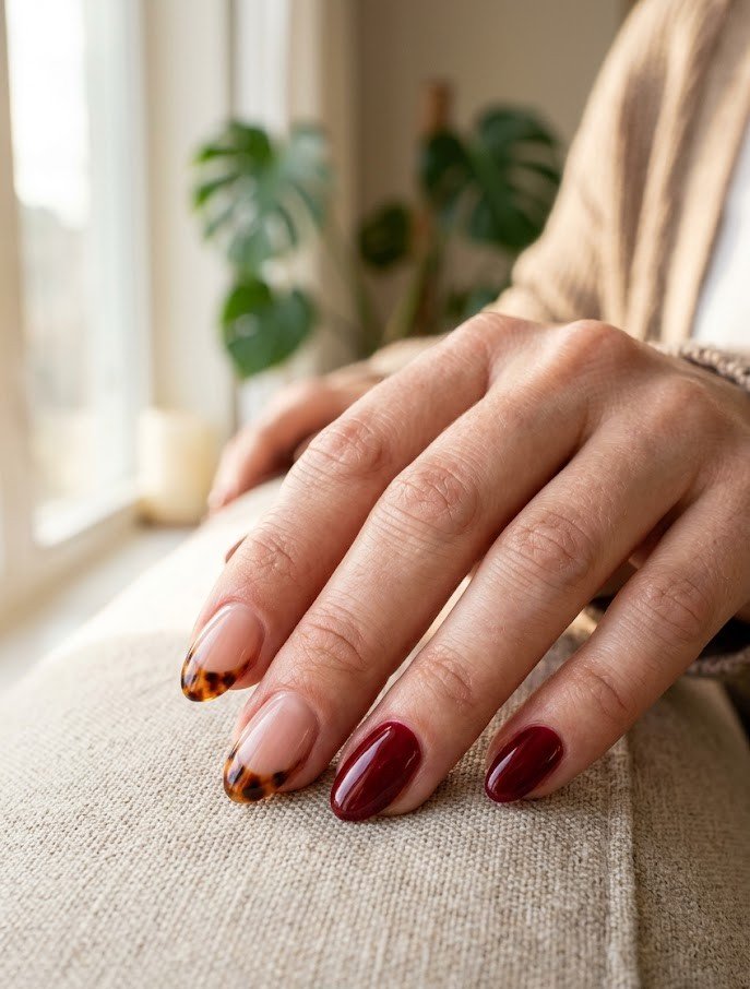 Tortoiseshell French tips with cherry red accents on short almond nails