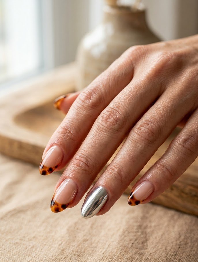 Tortoiseshell French tips with chrome accent nail on short almond nails