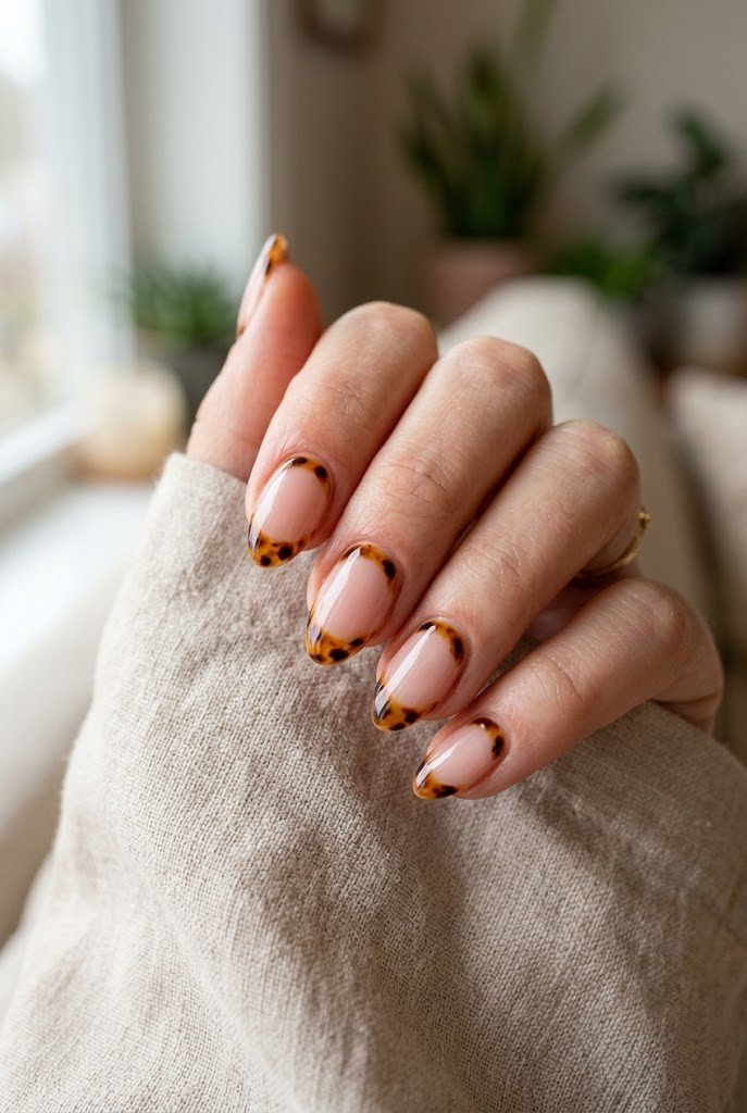 Tortoiseshell French tips with tiny gold studs on short almond nails