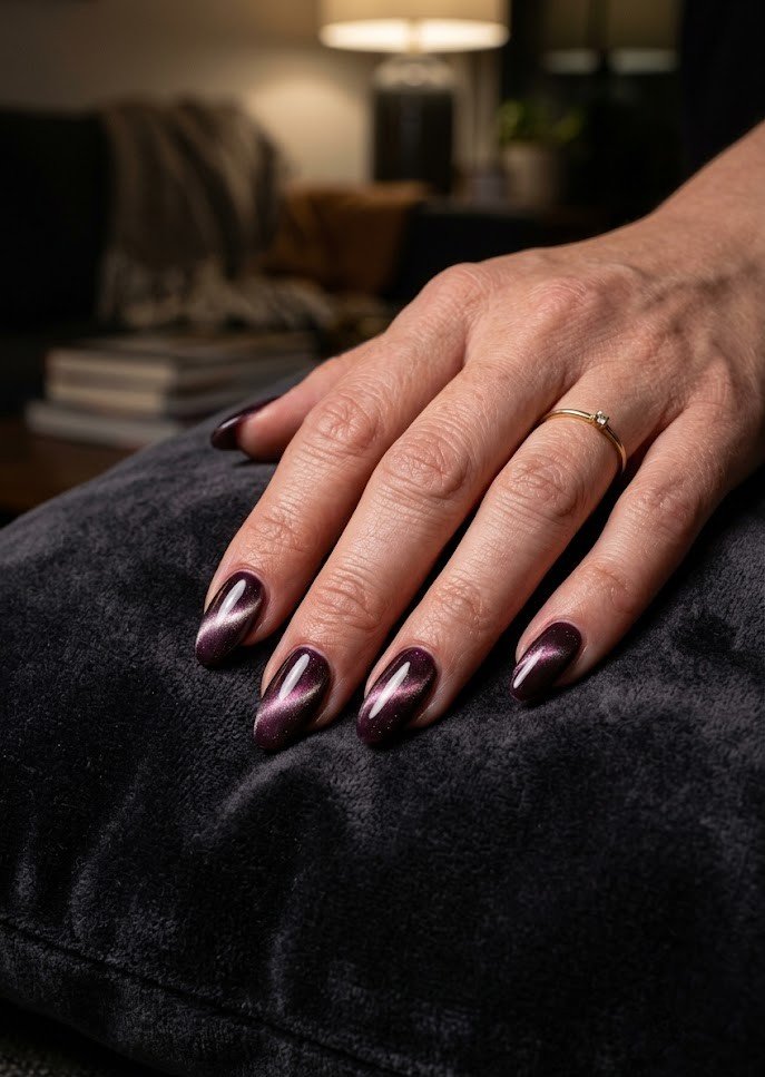 Velvet cat-eye effect in dark plum on almond nails