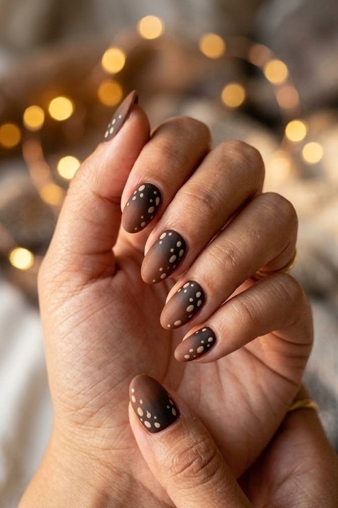 Velvet matte espresso fawn nails with cream spots on short almond nails against fairy light bokeh