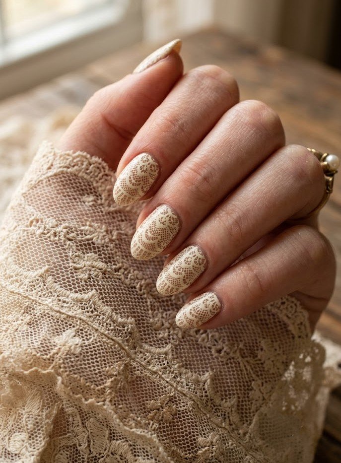Full-coverage vintage ivory tablecloth doily nails