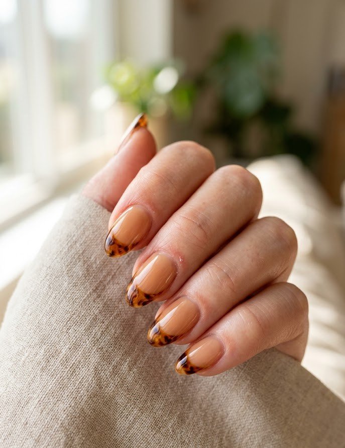 Classic warm amber tortoiseshell French tips on short almond nails
