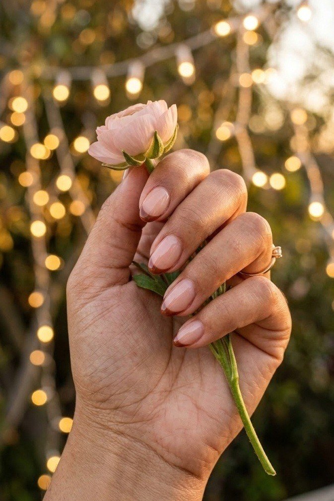 Warm reddish mocha micro French tip on short almond nails