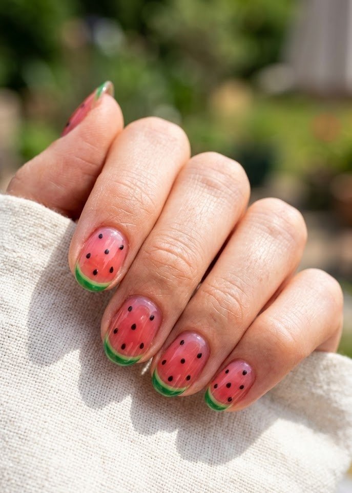 Watermelon jelly nails with pink base green stripe and seed dots