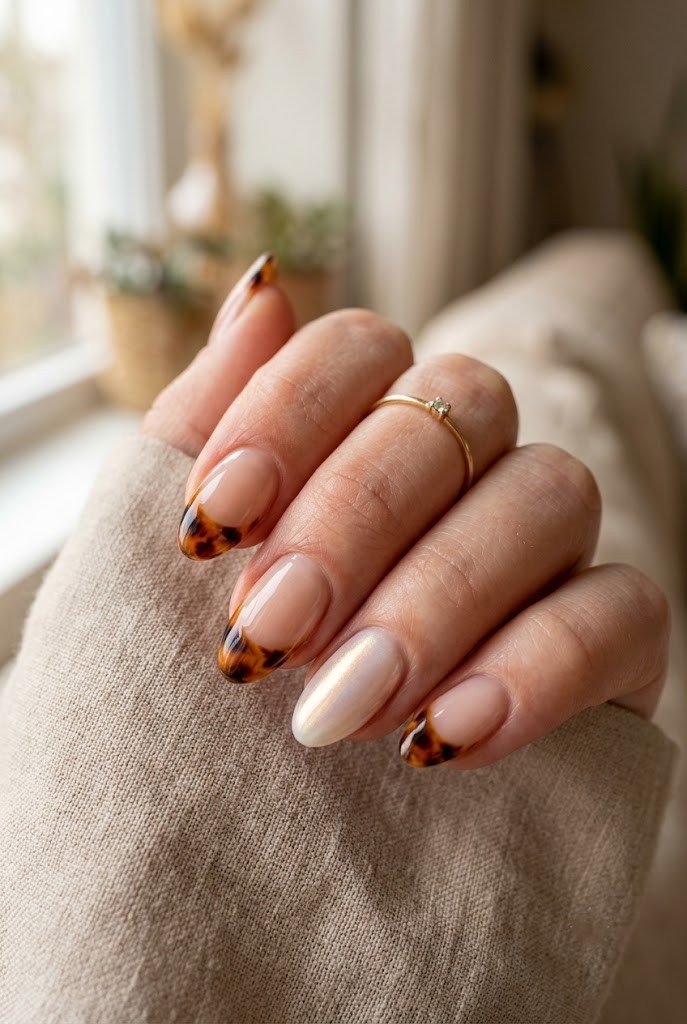 Wedding-guest tortoiseshell French with pearl accent nail