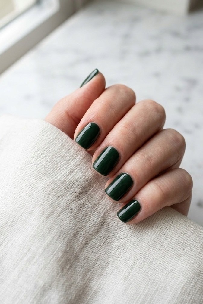 Short uniform glossy dark forest green nails with no art